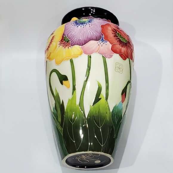 11 3/4" Bold Cloisonné Styl Asian Poppies Dramic Black + Floral Ceramic Art Vase - Picture 7 of 15